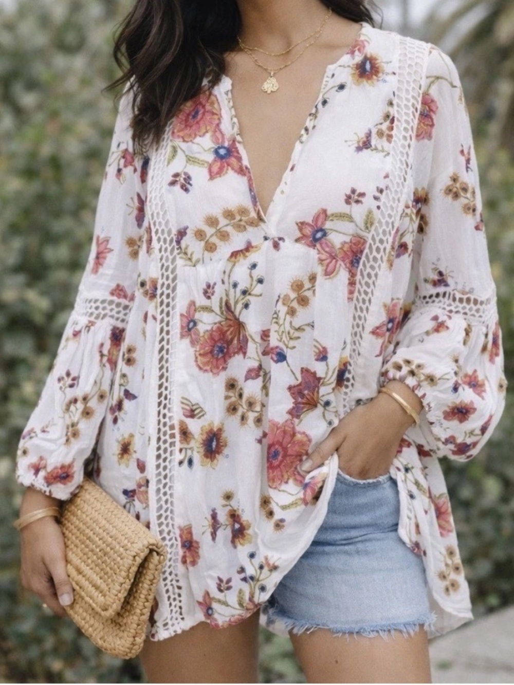 Free People Floral Crochet Trim Tunic Blouse Boho V Neck Bell Sleeve Top